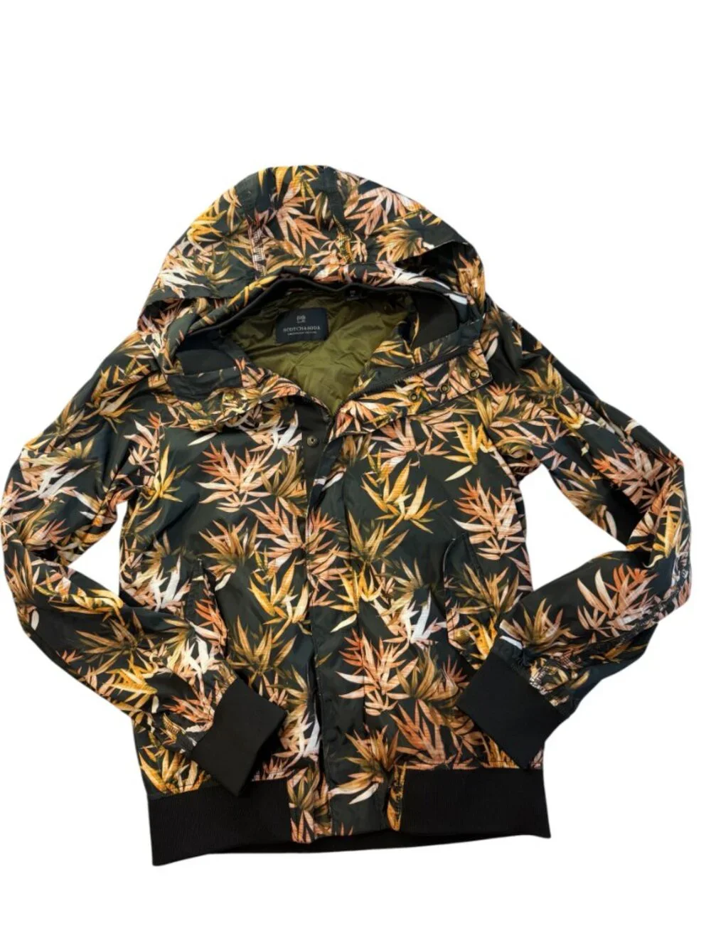 Scotch & Soda Amsterdam Bomber Jacket. Black Orange Tropical Palm Leaf Size M